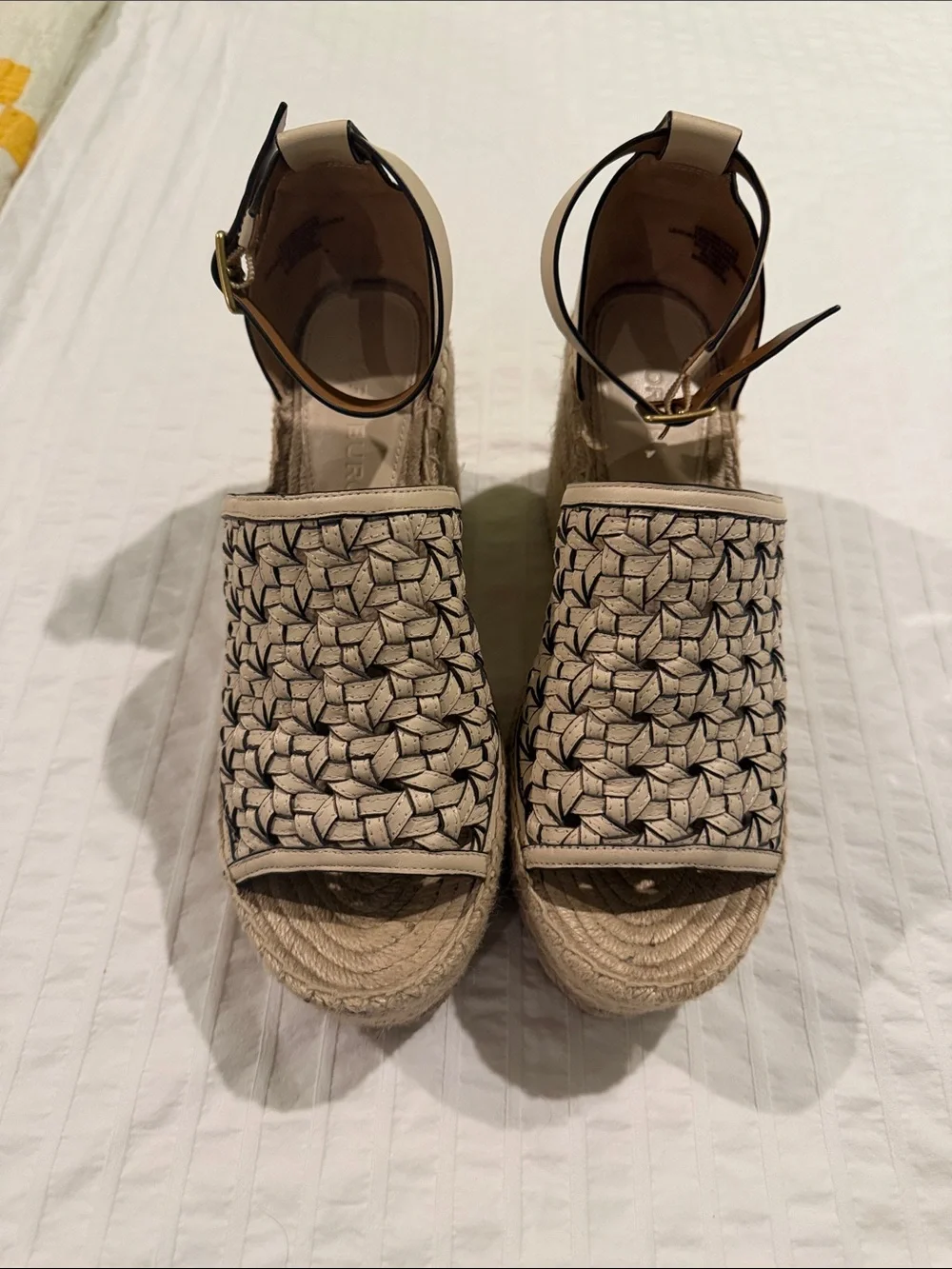 Tory Burch Beige Woven Espadrille Wedge Sandals